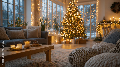 Festive Winter Scene: A cozy living room glows with holiday spirit, a decorated tree stands as a focal point, complemented by soft lighting and warm decor. 