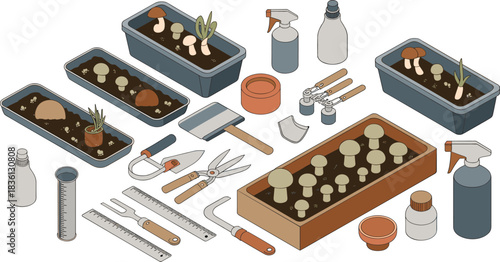 Isometric illustration of gardening tools seed trays mushroom cultivation containers spray bottles trowels forks pots and equipment for planting growing seedlings