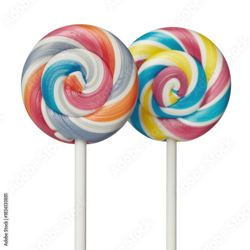 Colorful Spiral Lollipops on Sticks Against a Transparent Background with Whimsical Design Elements