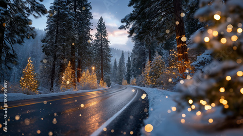 Festive Road in Winter Wonderland: A mesmerizing view of a road adorned with twinkling lights in a snow-covered winter landscape, evoking a sense of calm and magic.