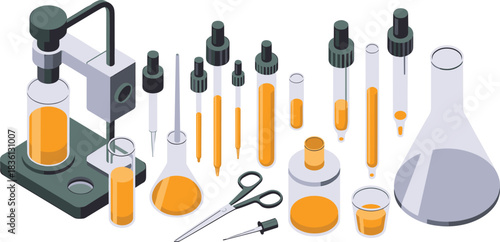 Isometric illustration of laboratory equipment including test tubes droppers flasks scissors pipettes stand containers and chemistry tools used for scientific experiments