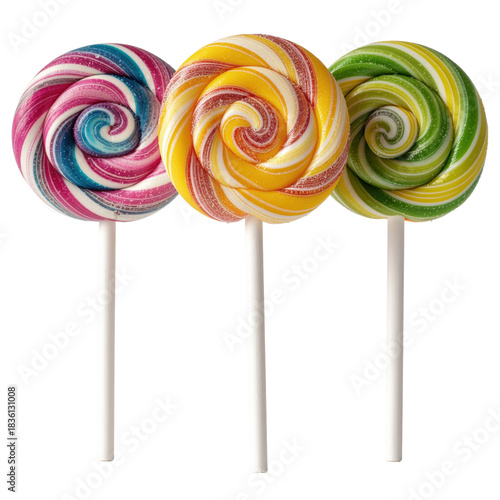 Colorful Swirled Lollipops on White Sticks with Transparent Background for Sweet Treats and Desserts