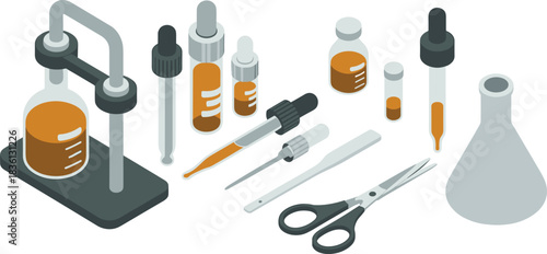 Isometric illustration of laboratory equipment including test tubes droppers flasks scissors pipettes stand containers and chemistry tools used for scientific experiments