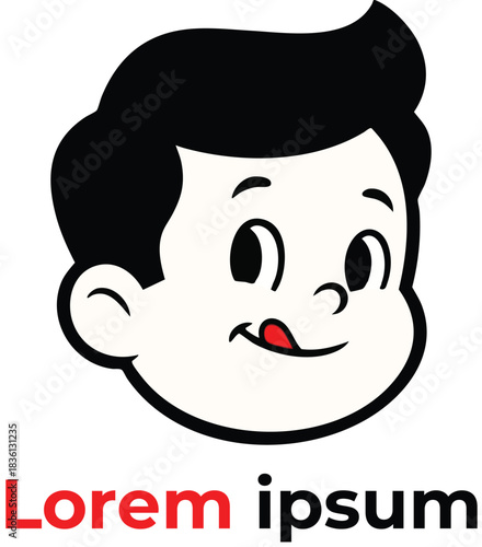 Cartoon illustration of a happy boys face with black hair licking his lips, isolated on white background
