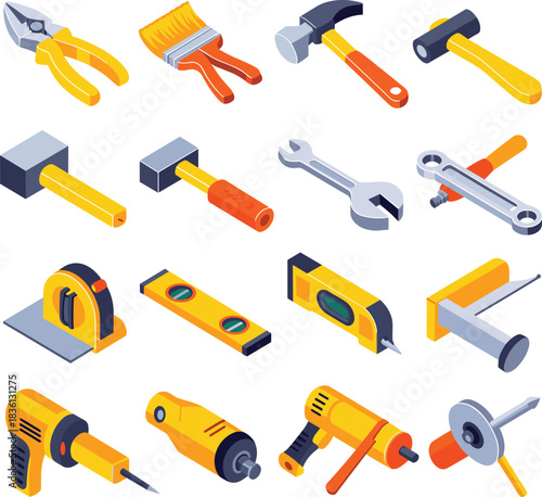 Isometric illustration of various construction tools including hammers wrenches pliers drills levels and hardware equipment for repair maintenance and building projects
