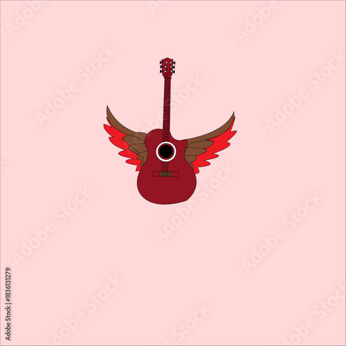 Red acoustic guitar with fantasy wings on light pink background