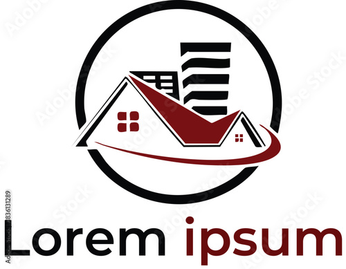 Real estate logo design featuring a stylized house roofline and modern building silhouette inside a circle, isolated on white background