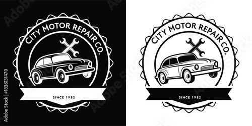 Retro city motor repair company logo with vintage car and tools