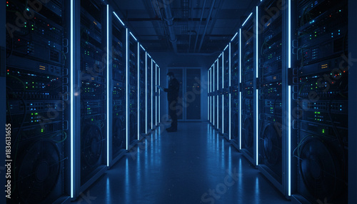 Futuristic Blue-Lit Server Room with Technician Silhouette