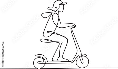 Continuous Line Art Illustration of a Figure on a Scooter Gliding Along a Street in Soft Hand Drawn Contour
