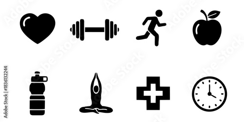 Minimalist Health and Fitness Icon Set: Vector Symbols for Wellness, Gym, and Nutrition