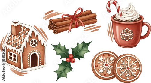 Vector Illustration Cozy Christmas Treats and Festive Holiday Elements Collection