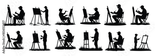 Artists Painting On Easels In Different Poses And Settings