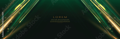 Abstract elegant dark green background with golden line and lighting effect sparkle. Luxury template design.