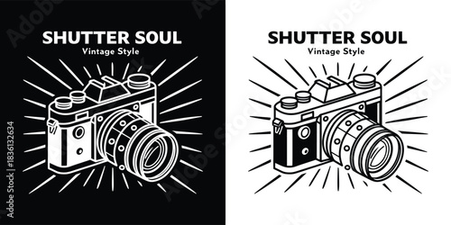 Shutter soul vintage style retro camera illustration with sunburst effect, presented in both black and white versions for a classic aesthetic