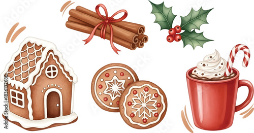 Vector Illustration Watercolor Christmas Holiday Elements Gingerbread, Hot Cocoa, and Holly