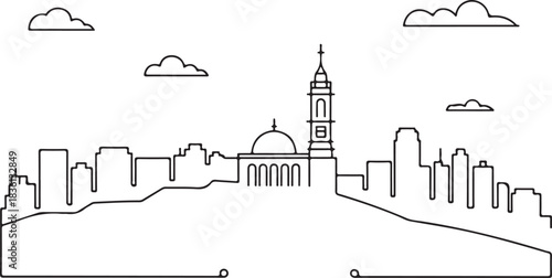 Continuous line illustration of the Amman skyline with Citadel hill outline in a minimal elegant artistic drawing