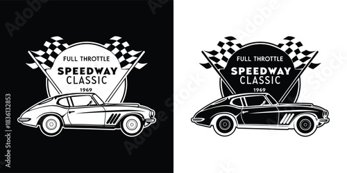 Vintage speedway classic car emblem with checkered flags and text