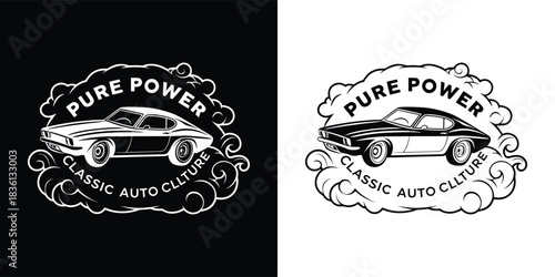 Vintage muscle car emblem with text pure power classic auto culture, representing automotive passion and heritage