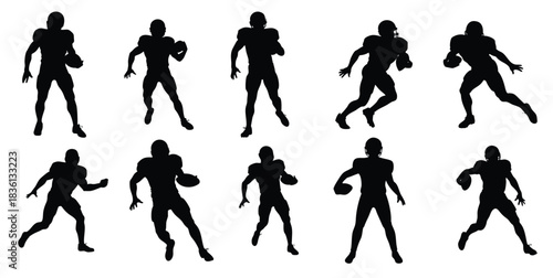 American Football Player Silhouettes Set – Running, Passing, and Holding Ball Poses