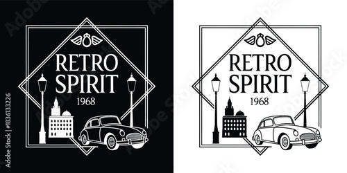 A black and white illustration depicting a retro scene with a vintage car, cityscape, streetlights, and the text retro spirit 1958