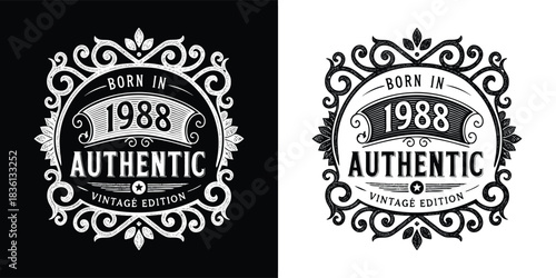 Authentic vintage design celebrating the year 1988, featuring ornate decorative elements and a classic typography style, ideal for retrothemed products