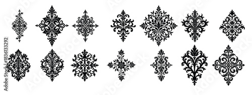 Black damask floral ornamental elements set baroque