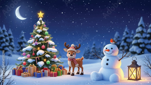 Christmas scene with snowman and reindeer