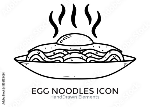 Black and white illustration of a bowl of egg noodles topped with a fried egg, steam rising.