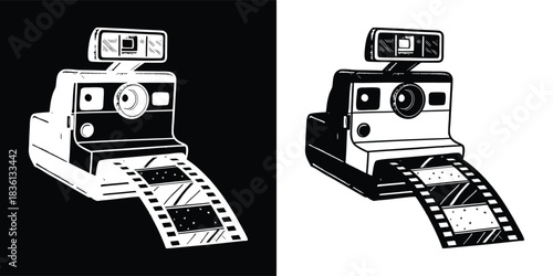 Retro instant camera with film strip coming out, graphic illustration in black and white
