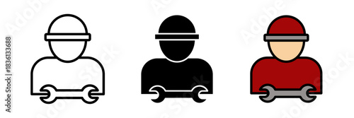 Mechanic icon simple outline of a person wearing a cap or overalls, holding a wrench or spanner, representing a mechanic in a clean minimal style.