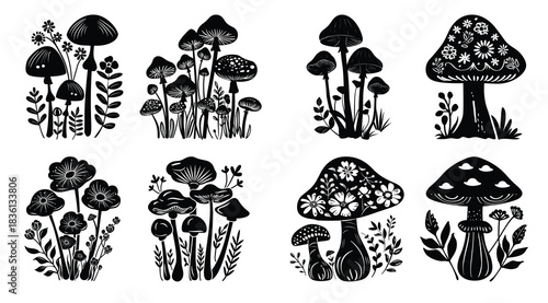 boho mushroom silhouette clipart bundle