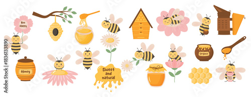 Beekeeping cartoon set. Collection of  cute bees, beehive, honey, chamomiles, honeycomb and other elements.