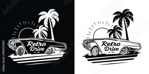 Retro car with palm trees and sun graphic, featuring text retro drive, presented in black and white