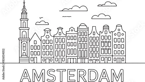 Canvas Print Continuous line illustration of the Amsterdam skyline with canal houses in a min