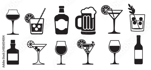 black and white silhouette icons of alcoholic beverages beer 