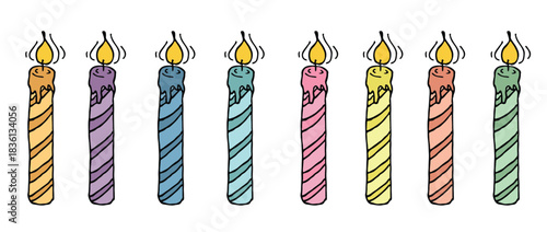Burning birthday candle set. Doodle illustration. Hand drawn clipart for card, logo, design