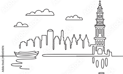 Continuous line illustration of the Amsterdam skyline with canal reflections in a minimal elegant outline drawing