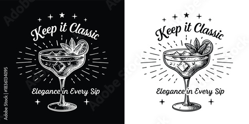 Keep it classic elegance in every sip cocktail glass illustration with garnish and ice, featuring a sunburst effect in black and white