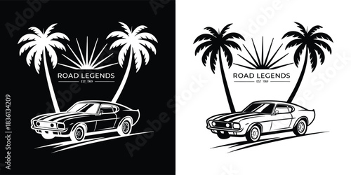 Vintage muscle car with palm trees and sunburst graphic, text reads road legends, presented in black and white