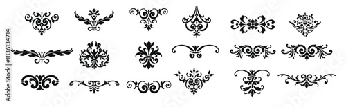Elegant Floral Ornament, black and white vector set of flower shilouette ornaments