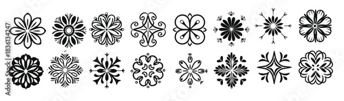 Elegant Floral Ornament, black and white vector set of flower shilouette ornaments