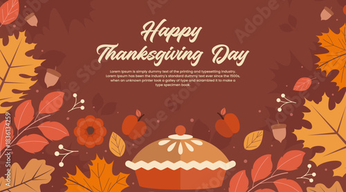 Thanksgiving background with pie and colorful autumn leaves. Design illustration