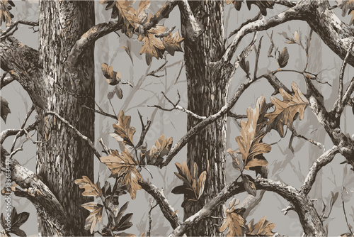 A detailed texture of camouflage fabric with intricate tree branches and foliage, showcasing the natural elements.Camouflage seamless pattern. Forest real tree camouflage design. Hunting camouflage. 