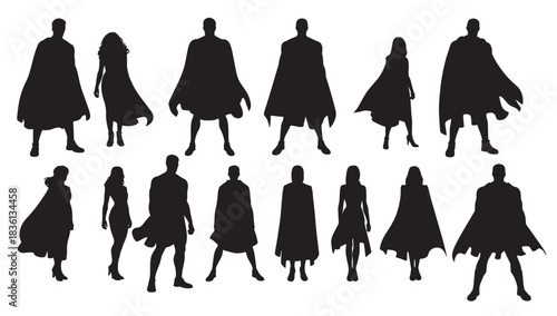 black silhouette figures of men and women wearing capes people