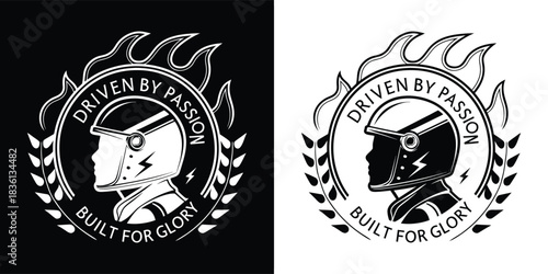 Biker wearing helmet with flames and laurel wreath, driven by passion and built for glory