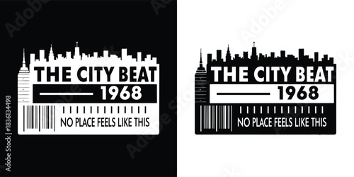 Retro the city beat 1968 graphic with skyline and barcode elements, presented in both black and white versions