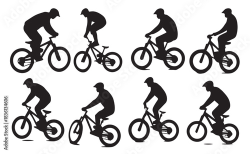 black silhouettes of bicyclist rider jumping on a white 
