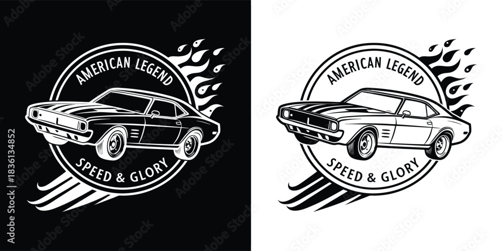 Obraz premium American legend car with flames and speed and glory text illustration