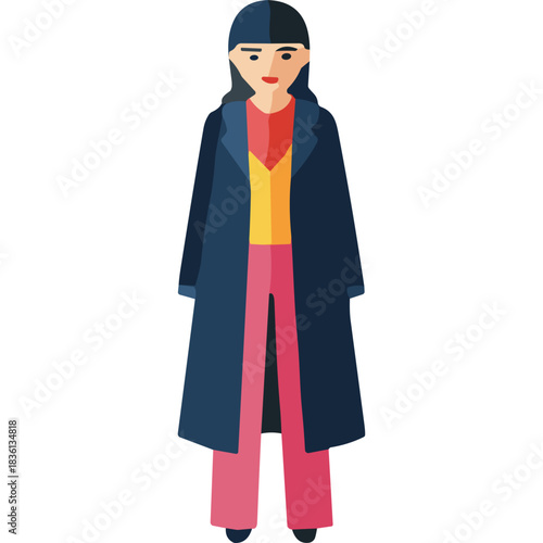 Flat Design Illustration of a Young Woman with Dark Hair Wearing a Blue Overcoat Yellow Shirt and Pink Pants Standing Against a Transparent Background